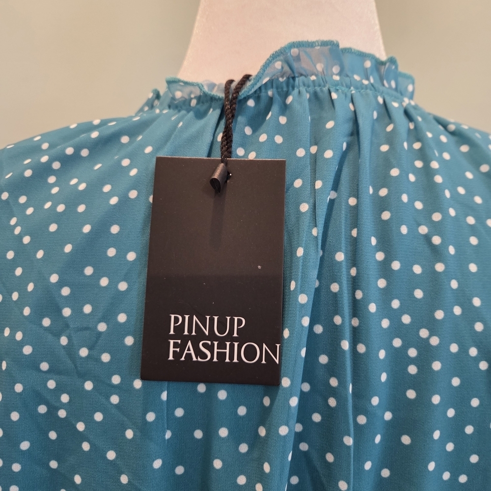 Pinup Fashion Teal Polka Dot Sleeveless Midi Dress Size 22 Ruffle - Picture 6 of 15
